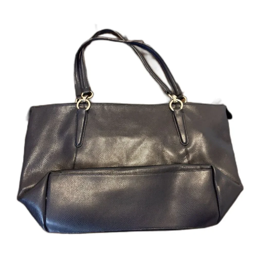 Coach Navy Blue Pebbled Leather Tote Bag Gold Hardware Large Work Bag